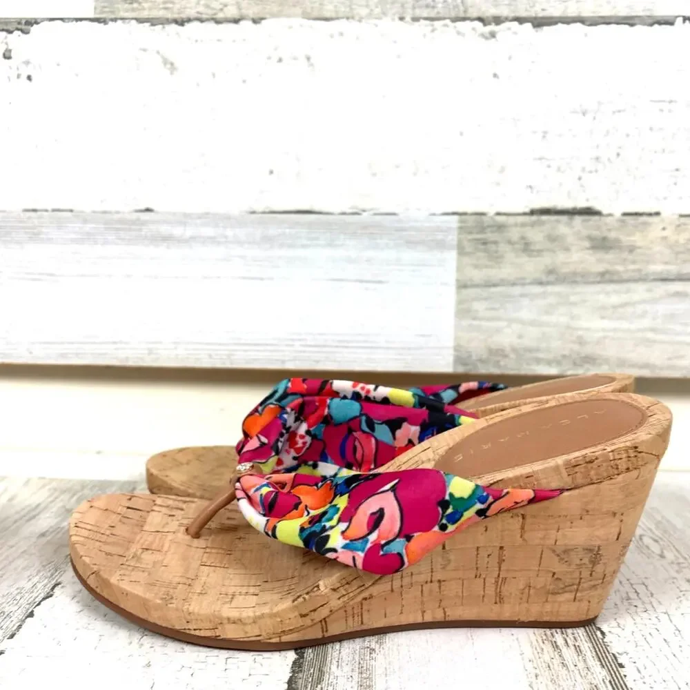 Alex Marie Womens 7.5 Multicolor Floral Fabric Cork Wedge Slip On Sandals NEW